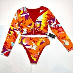 NWT Relleciga 2 pc bikini, long sleeve plunging crop top size Large beach travel